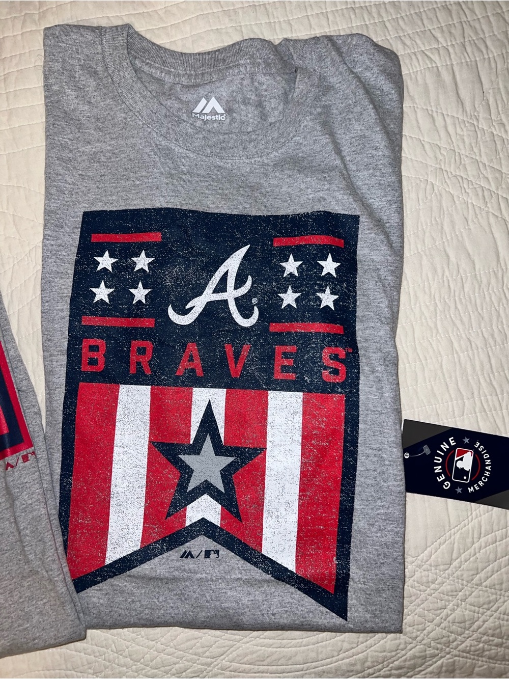 TWO Majestic Gray Atlanta Braves Graphic Tees - Red & Navy Logos - Picture 2 of 9